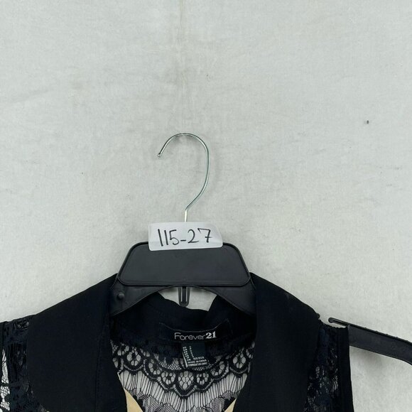 Forever 21 Crop Top Womens Sz S Black Contrast Cream Lace Neck Button Knot Hem - Picture 10 of 10